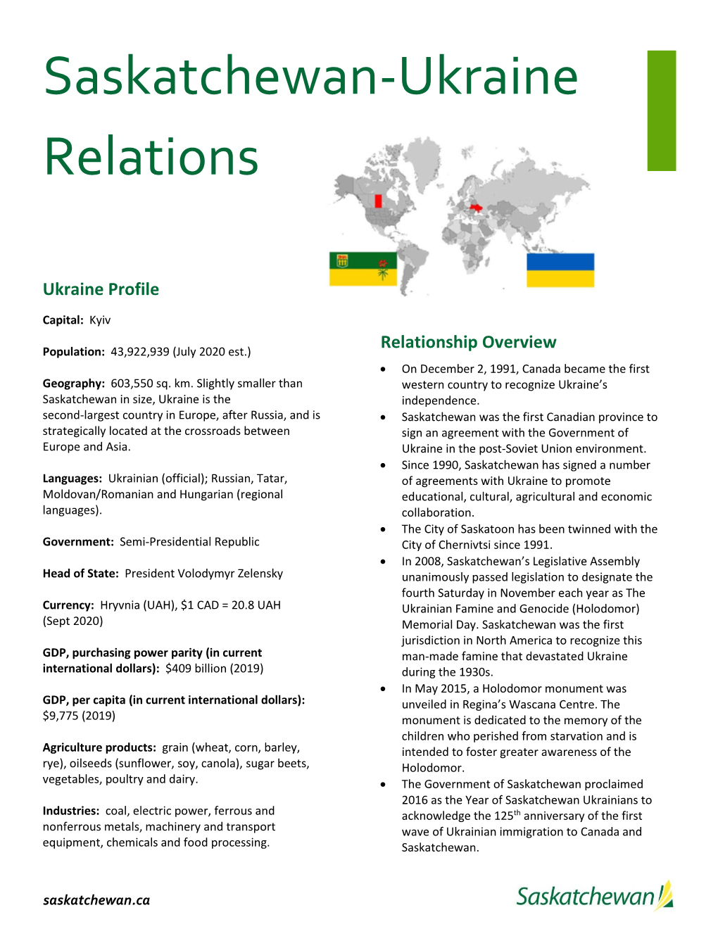 Saskatchewan Ukraine Relations Fact Sheet 2019