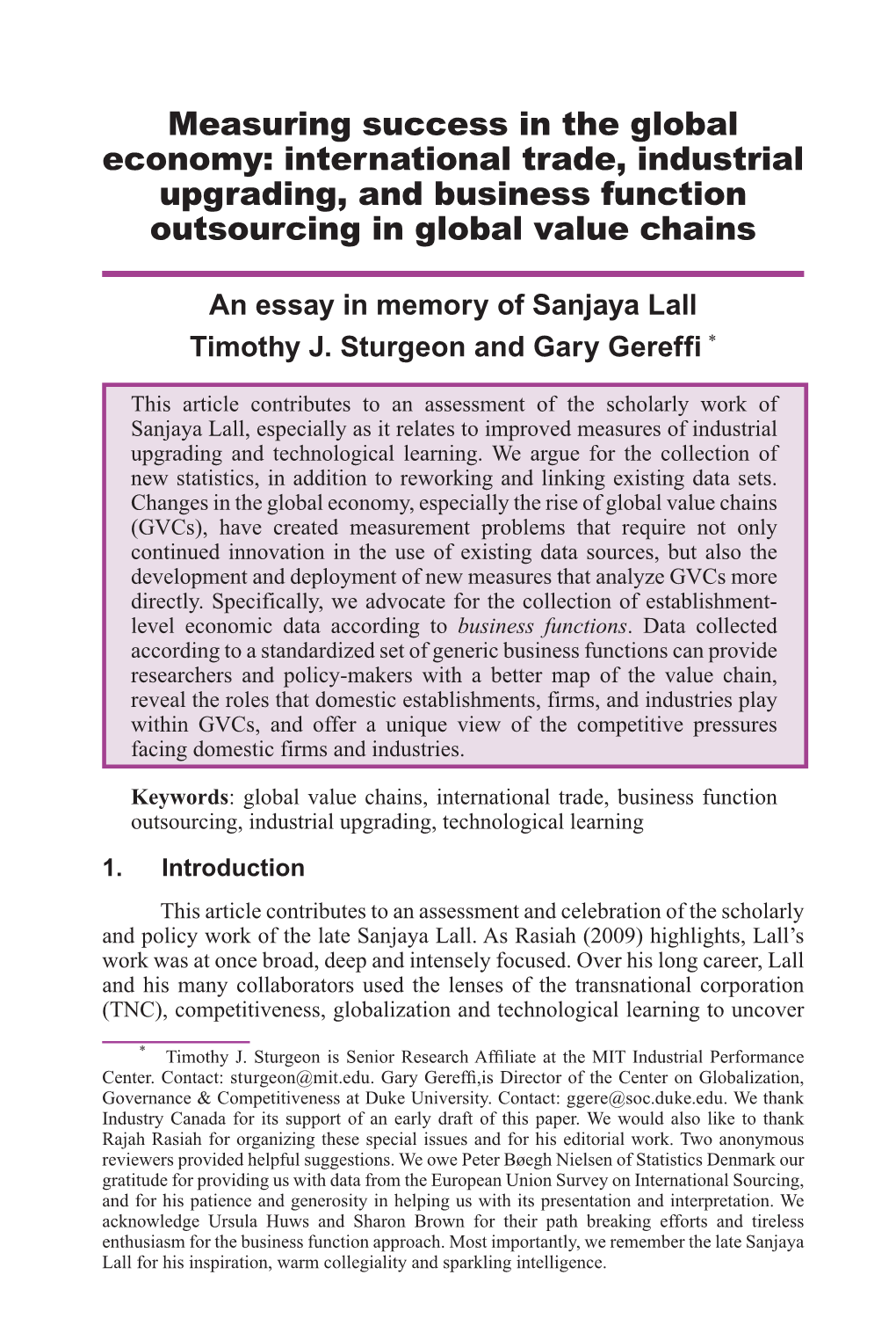 Measuring Success in the Global Economy: International Trade, Industrial Upgrading, and Business Function Outsourcing in Global Value Chains