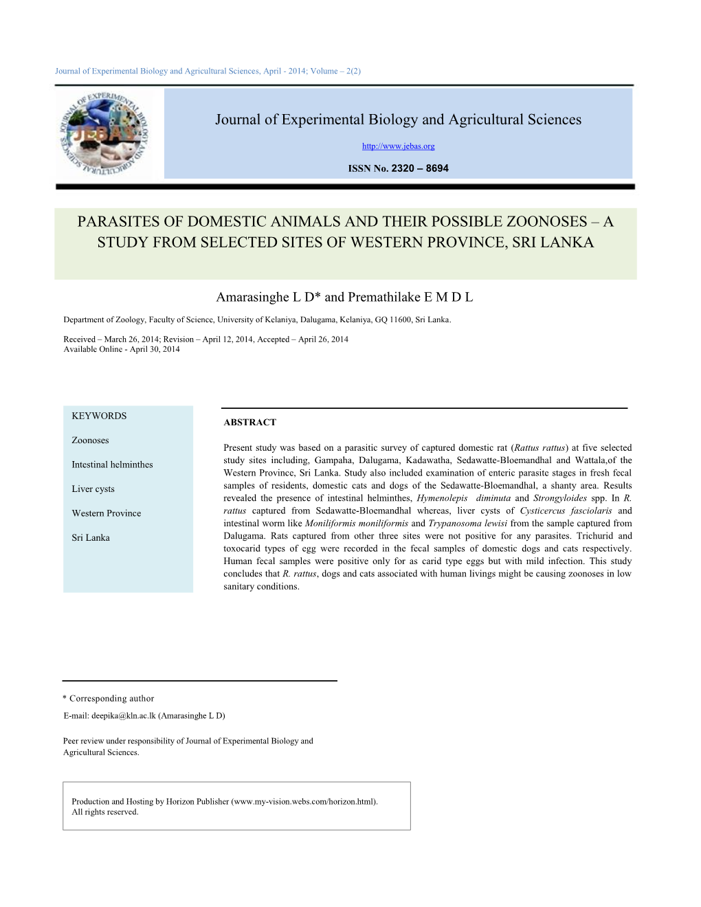 Parasites of Domestic Animals and Their Possible Zoonoses – a Study from Selected Sites of Western Province, Sri Lanka