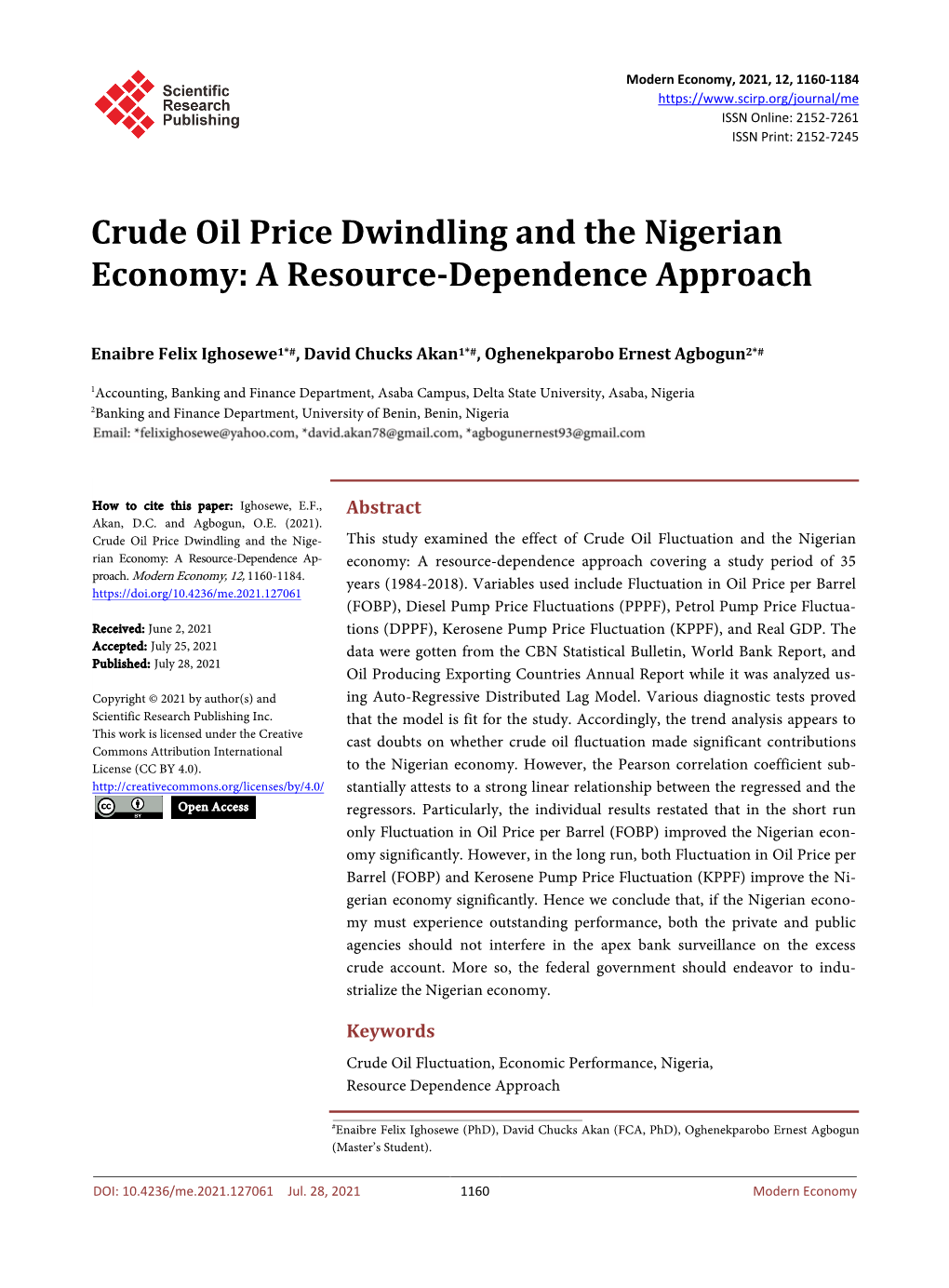 Crude Oil Price Dwindling and the Nigerian Economy: a Resource-Dependence Approach