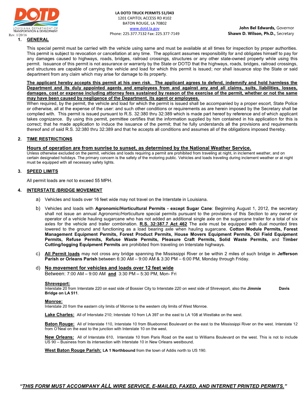 La Dotd – Supplement to Oversize/Overweight Permit