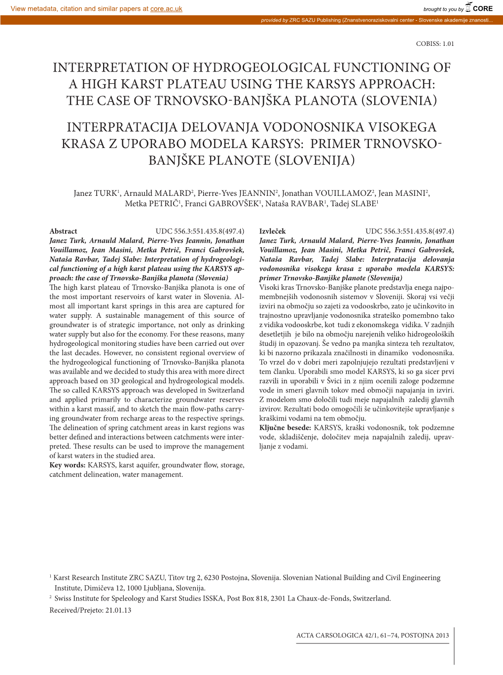 INTERPRETATION of Hydrogeological FUNCTIONING of a HIGH KARST PLATEAU USING the Karsys APPROACH