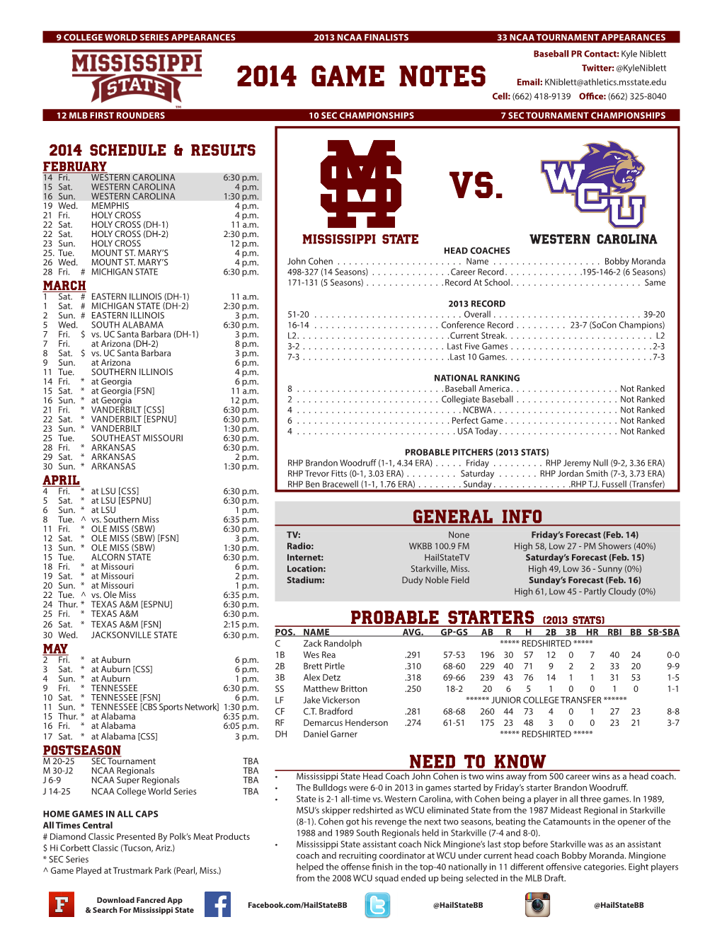 2014 GAME NOTES Email: Kniblett@Athletics.Msstate.Edu Cell: (662) 418-9139 Office:(662) 325-8040