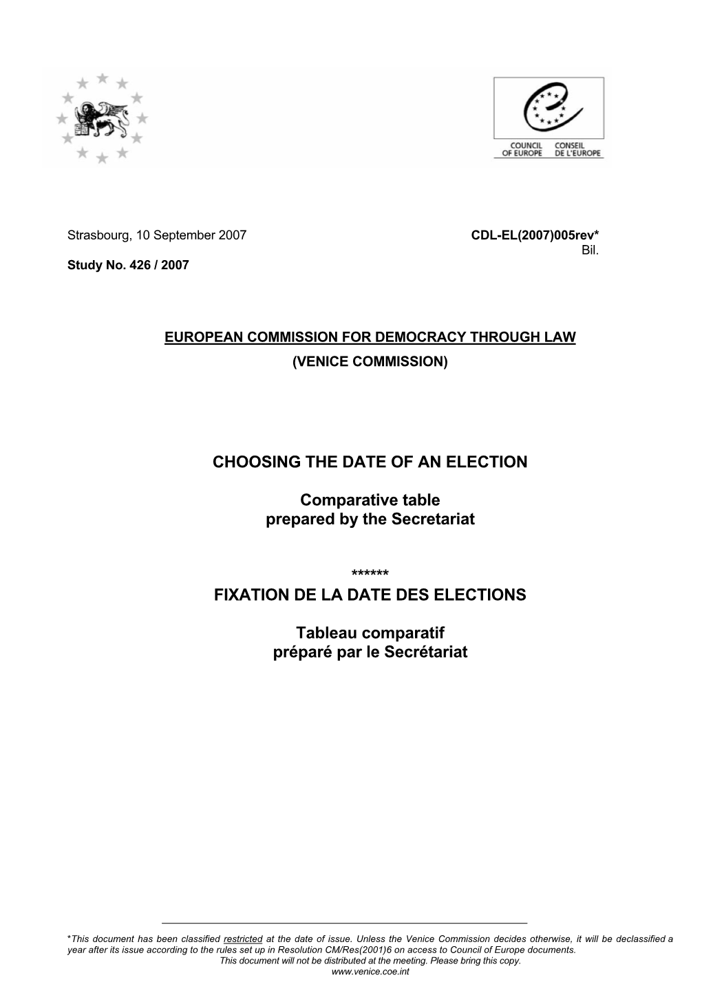 CHOOSING the DATE of an ELECTION Comparative Table