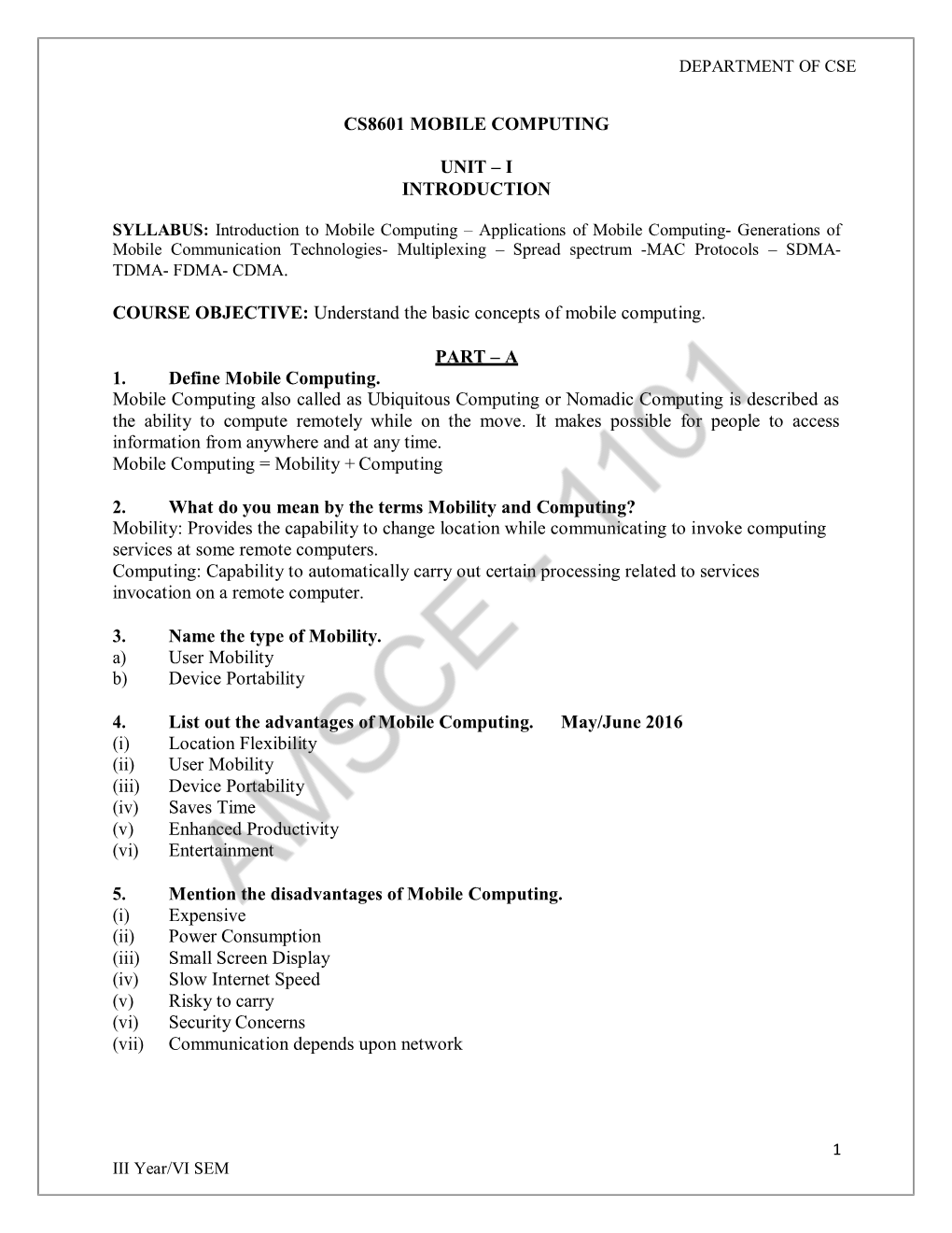 Cs8601 Mobile Computing Unit – I Introduction