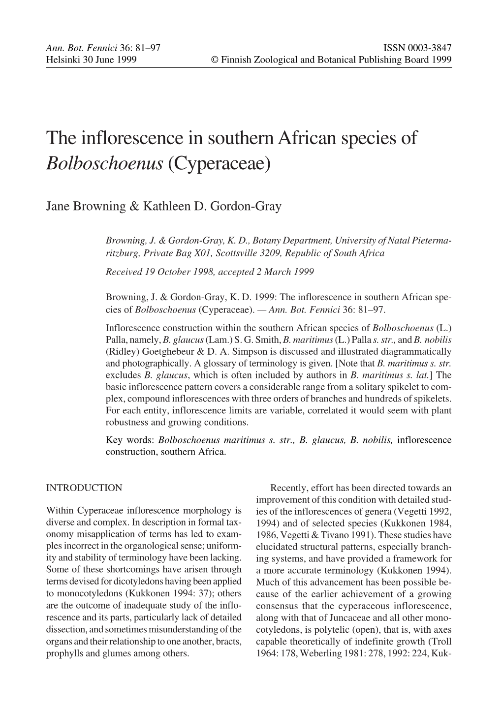 The Inflorescence in Southern African Species of Bolboschoenus (Cyperaceae)