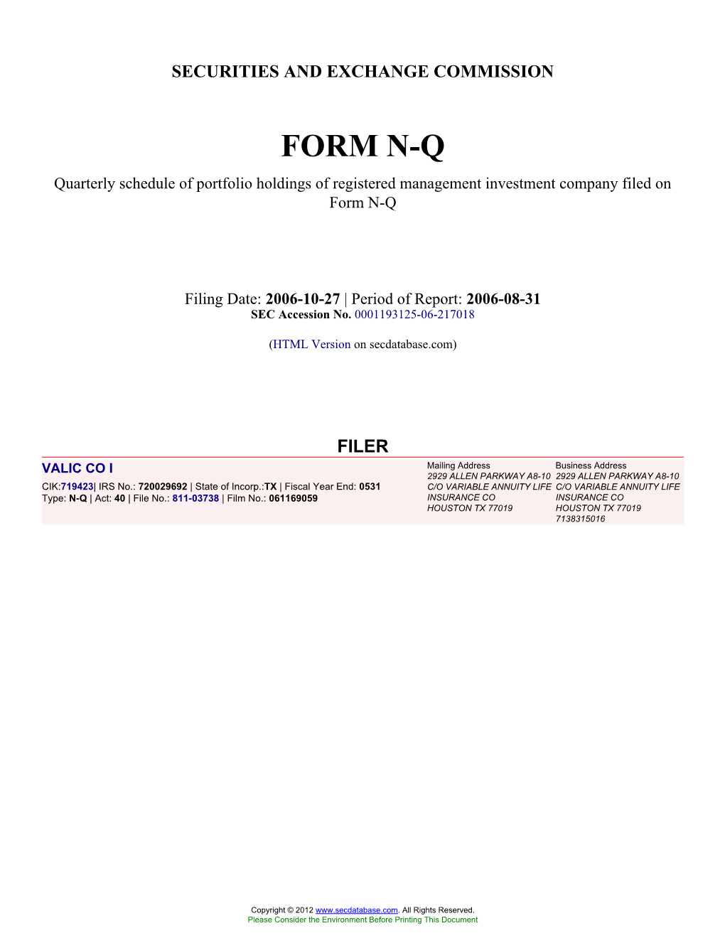 Form: NQ, Filing Date: 10/27/2006