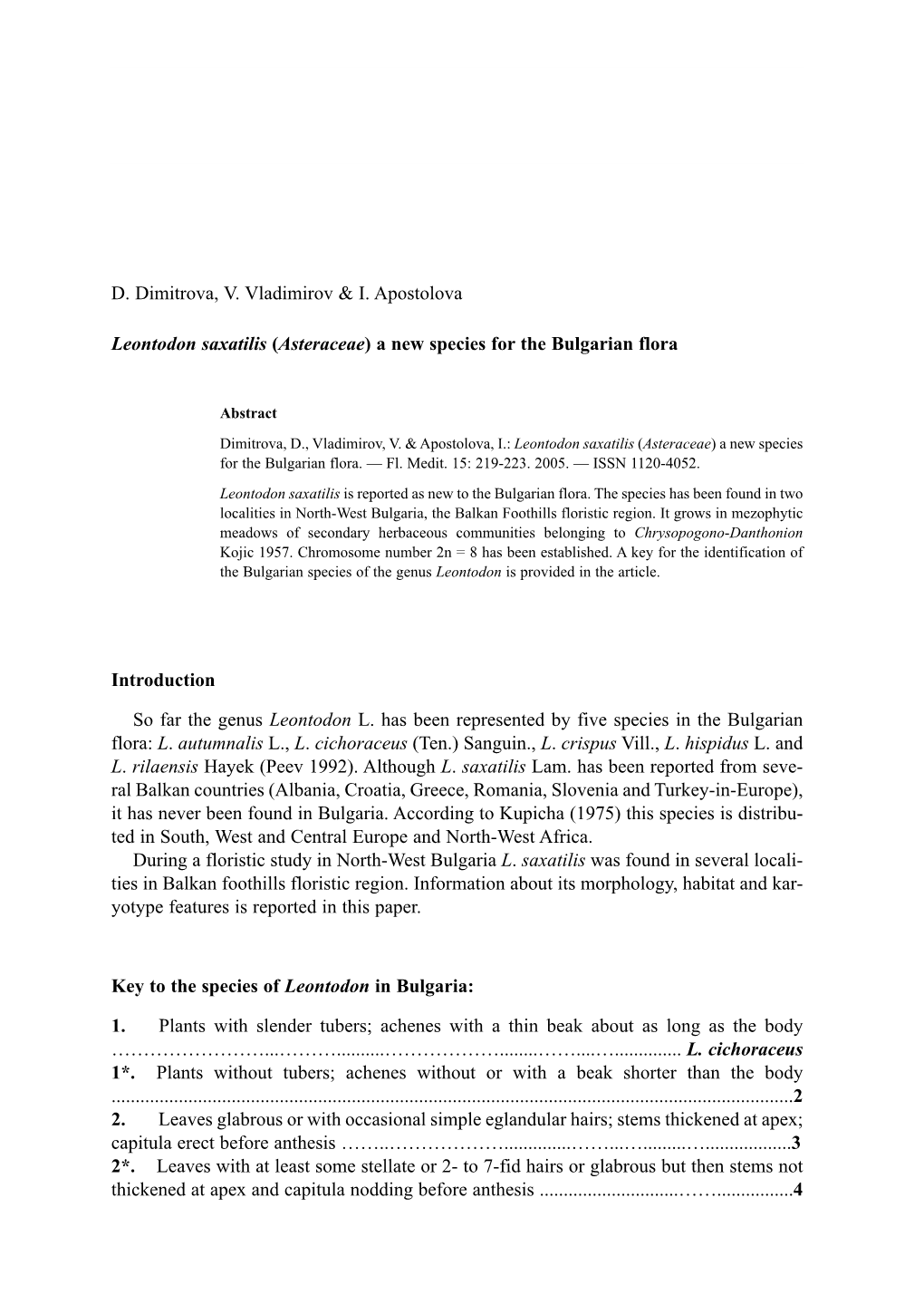 D. Dimitrova, V. Vladimirov & I. Apostolova Leontodon Saxatilis