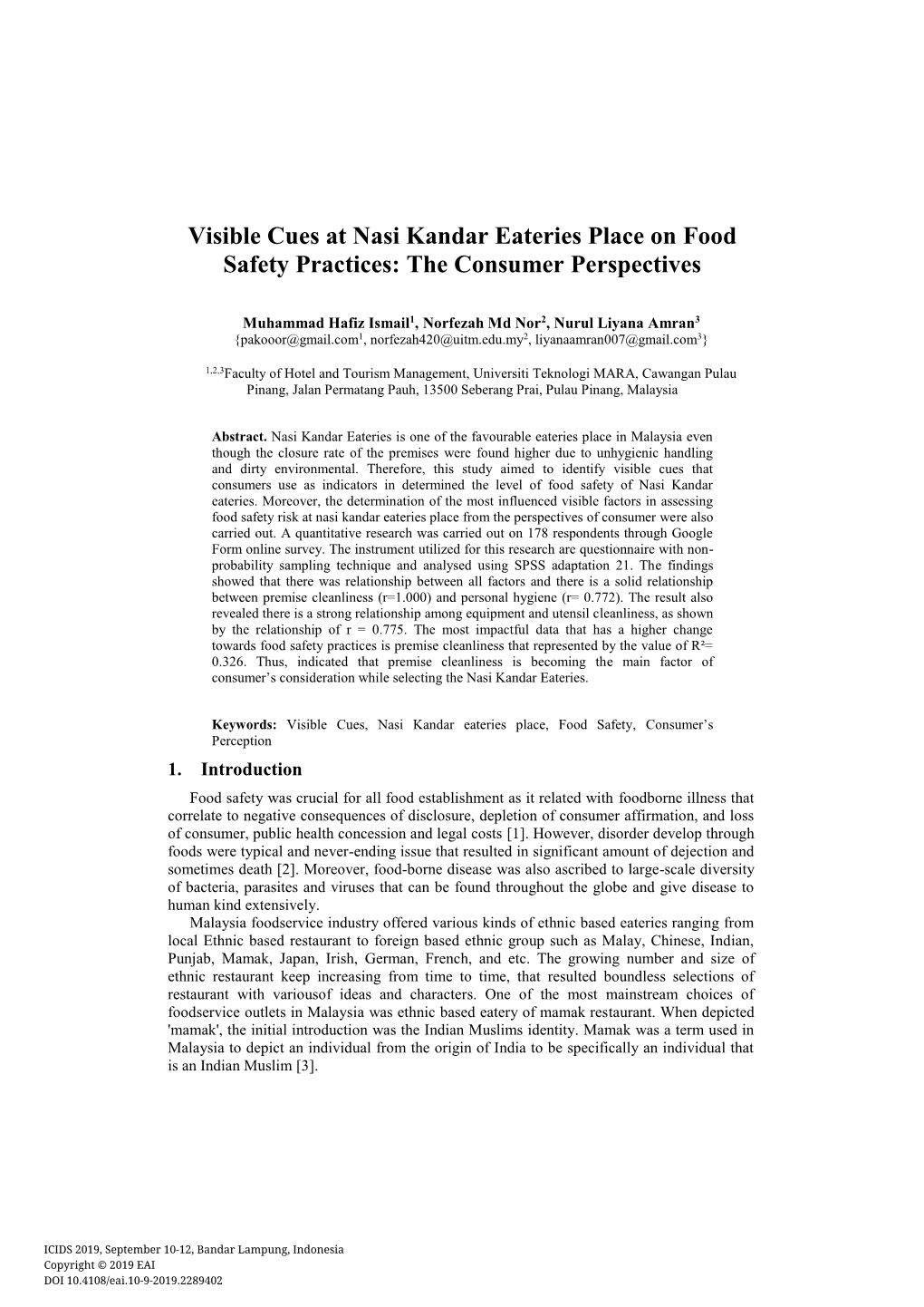 Visible Cues at Nasi Kandar Eateries Place on Food Safety Practices: the Consumer Perspectives