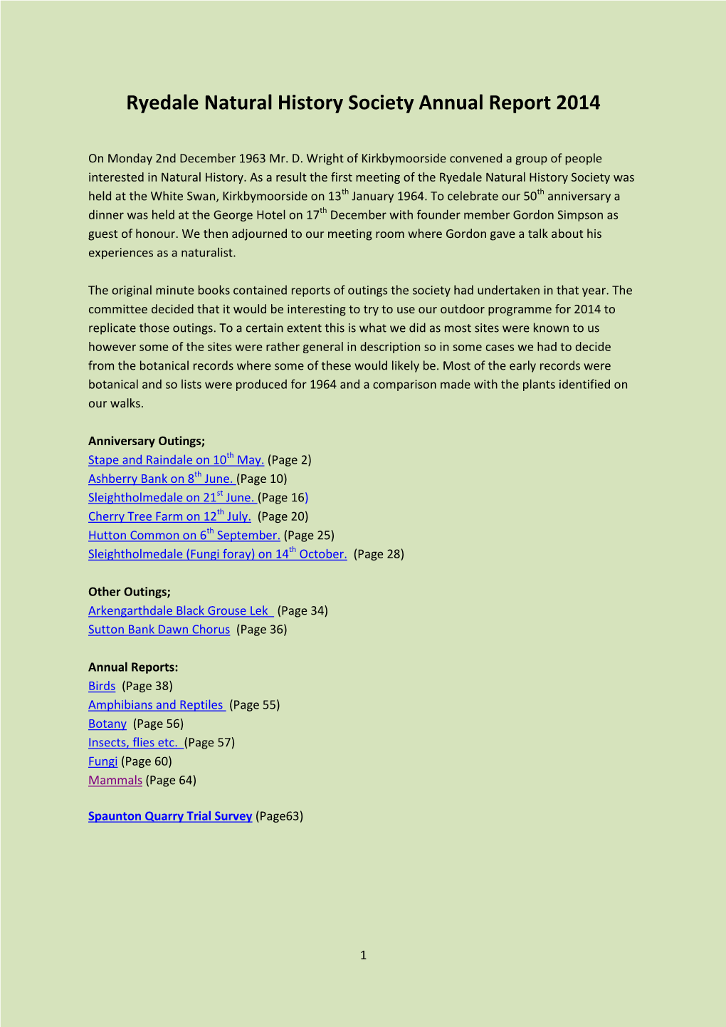 Ryedale Natural History Society Annual Report 2014