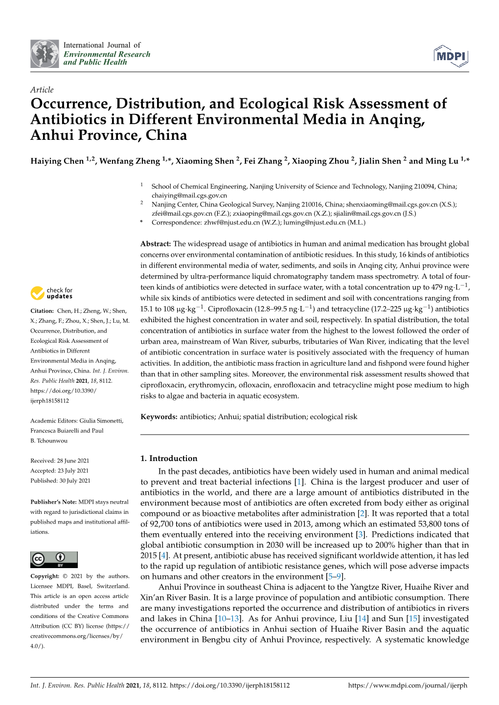 Occurrence, Distribution, and Ecological Risk Assessment of Antibiotics in Different Environmental Media in Anqing, Anhui Province, China