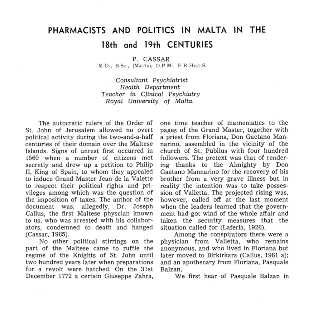 PHARMACISTS and POLITICS in MALTA in the 18Th and 19Th CENTURIES