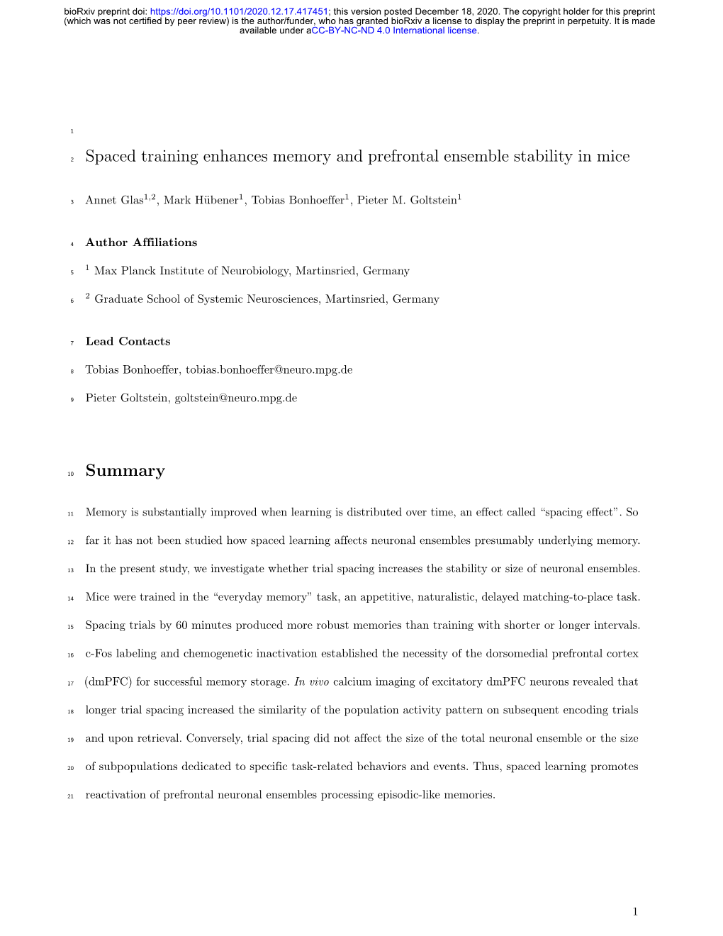 Spaced Training Enhances Memory and Prefrontal Ensemble Stability in Mice