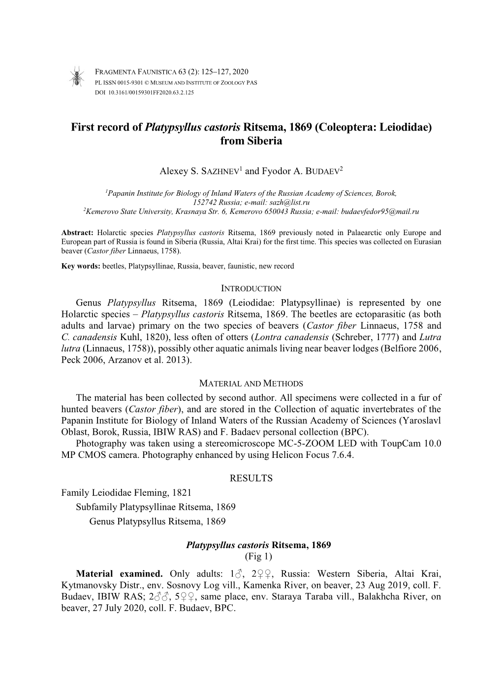 First Record of Platypsyllus Castoris Ritsema, 1869 (Coleoptera: Leiodidae) from Siberia