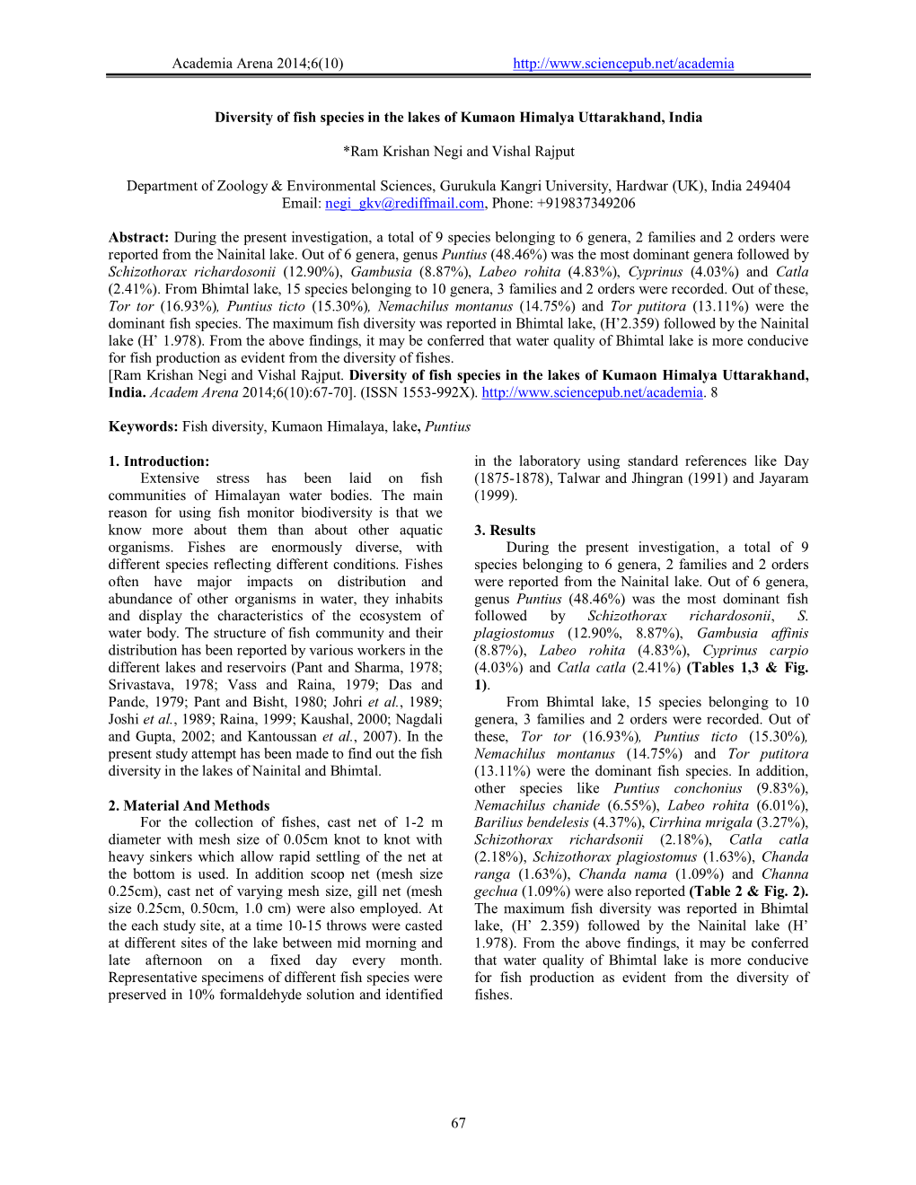 Diversity of Fish Species in the Lakes of Kumaon Himalya Uttarakhand, India