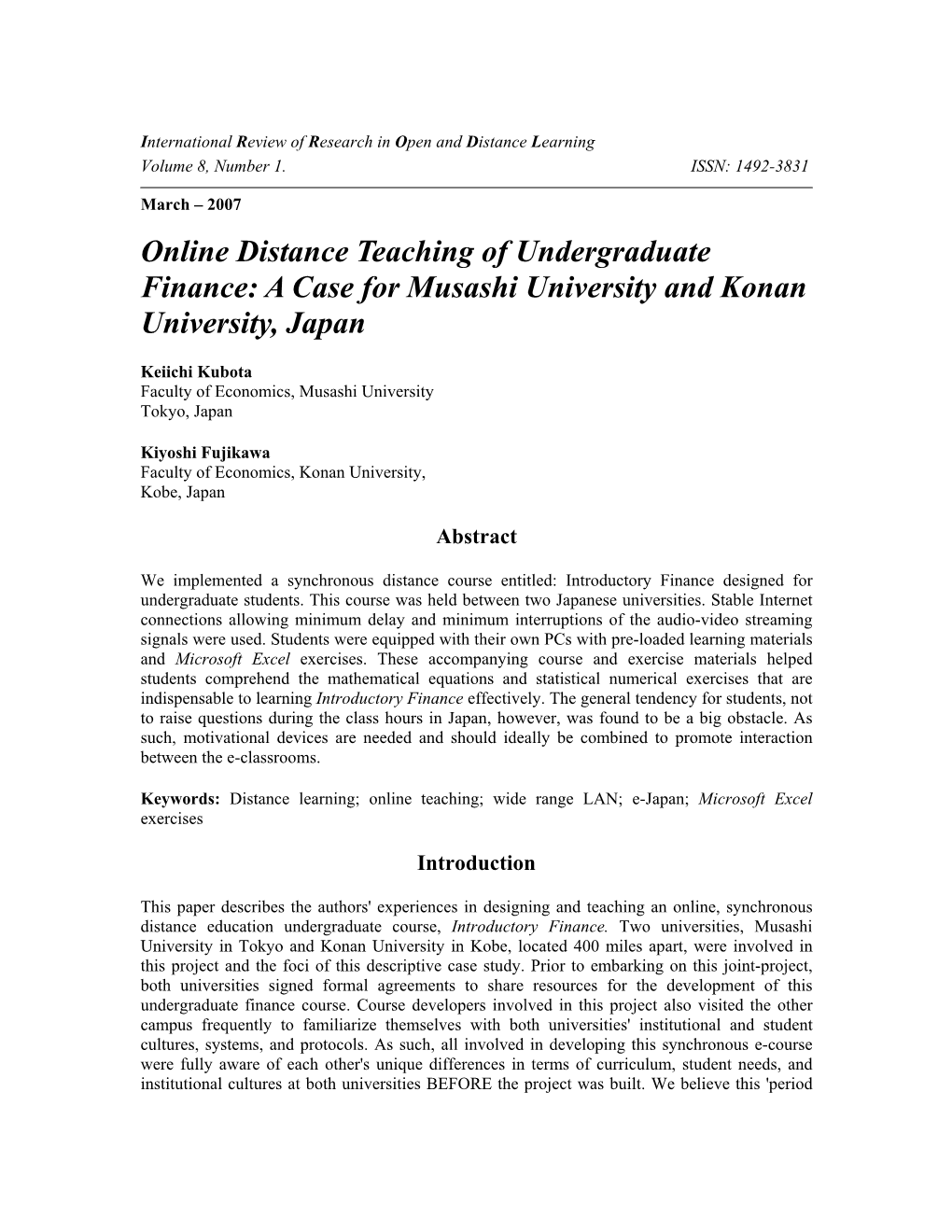 Online Distance Teaching of Undergraduate Finance: a Case for Musashi University and Konan University, Japan