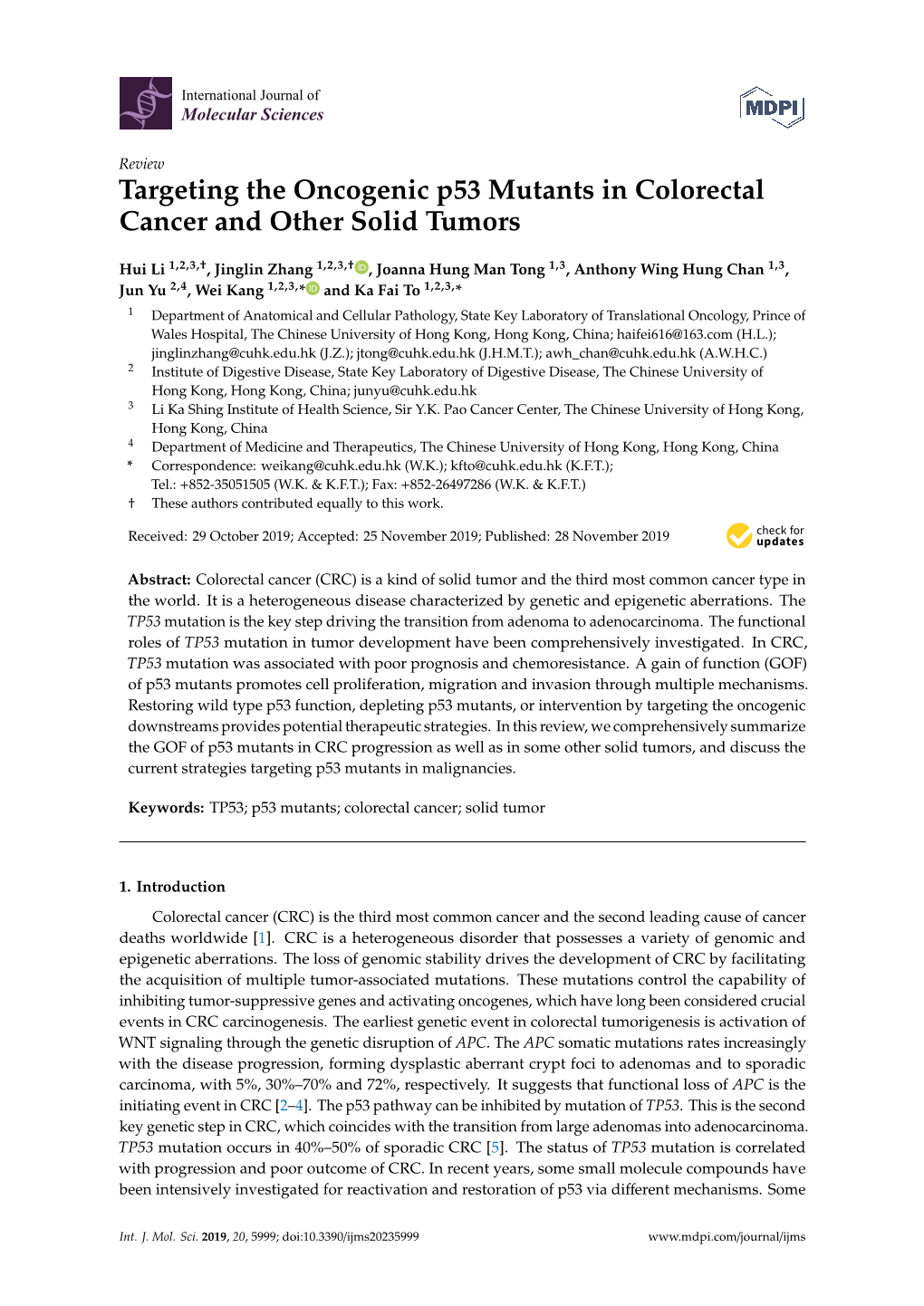 Targeting the Oncogenic P53 Mutants in Colorectal Cancer and Other Solid Tumors