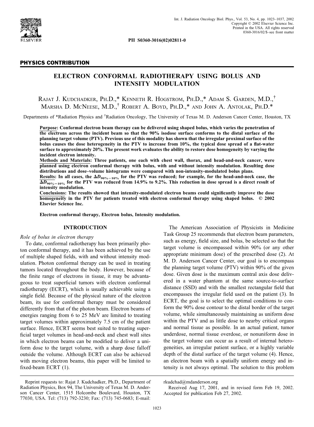 Electron Conformal Radiotherapy Using Bolus and Intensity Modulation