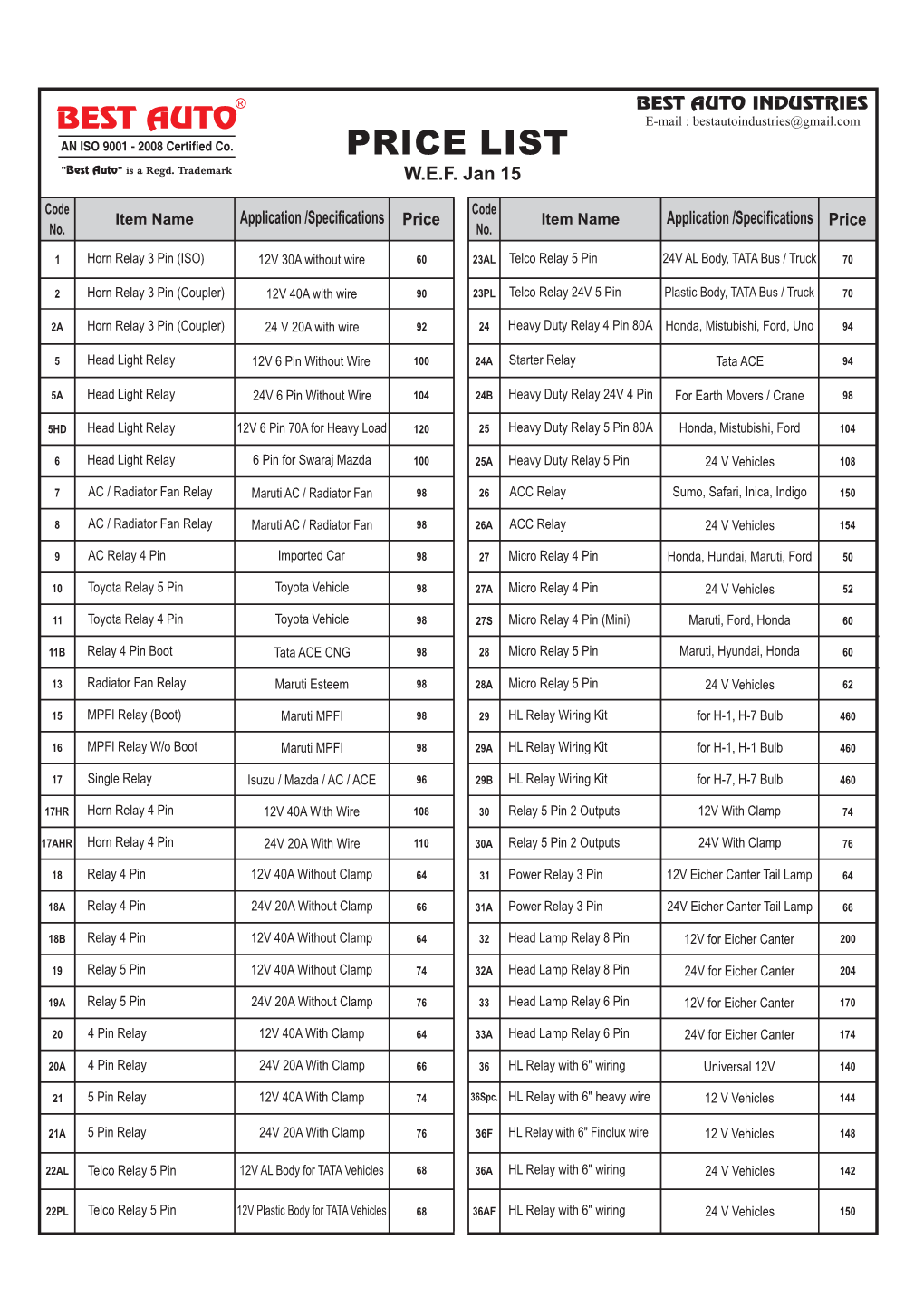 PRICE LIST 