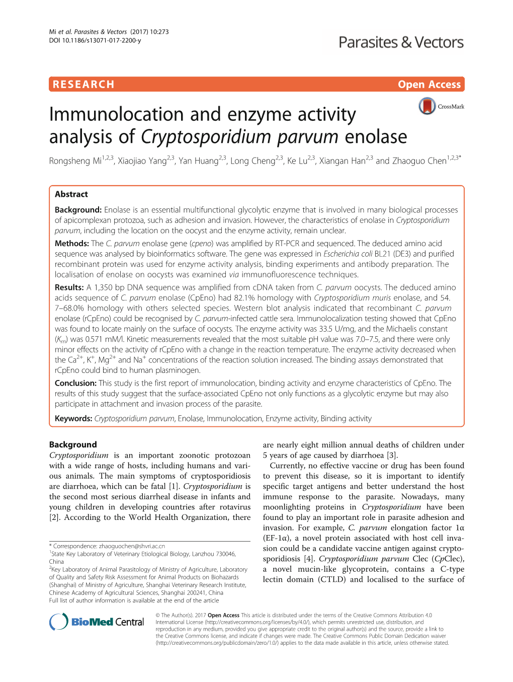 Immunolocation and Enzyme Activity Analysis of Cryptosporidium Parvum
