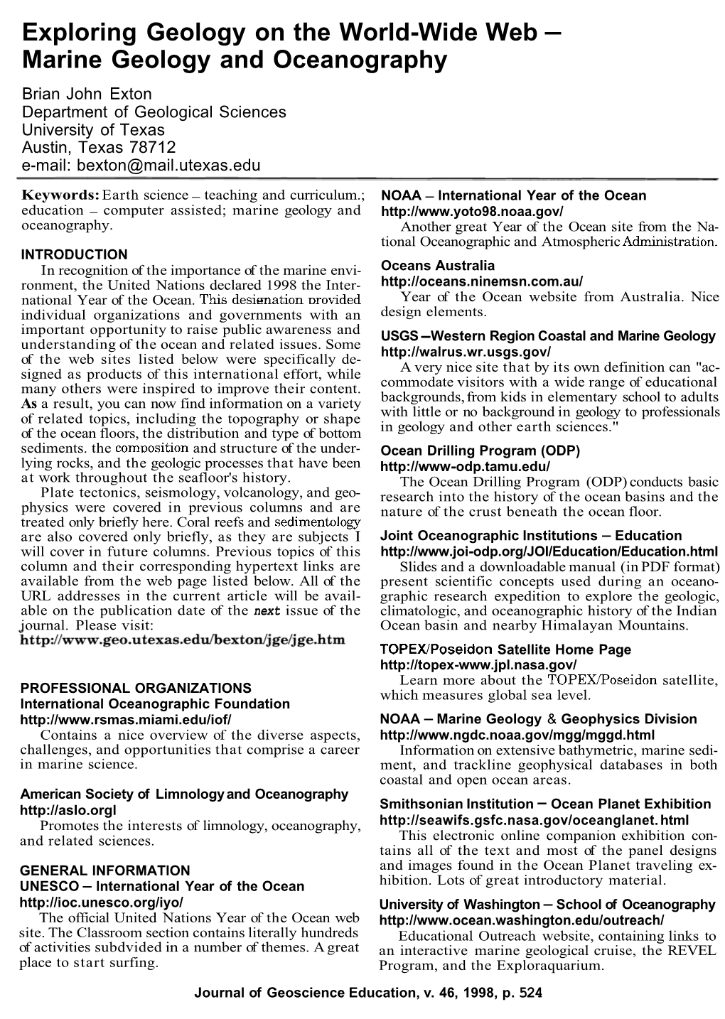 Marine Geology and Oceanography Brian John Exton Department of Geological Sciences University of Texas Austin, Texas 7871 2 E-Mail: Bexton@Mail.Utexas.Edu