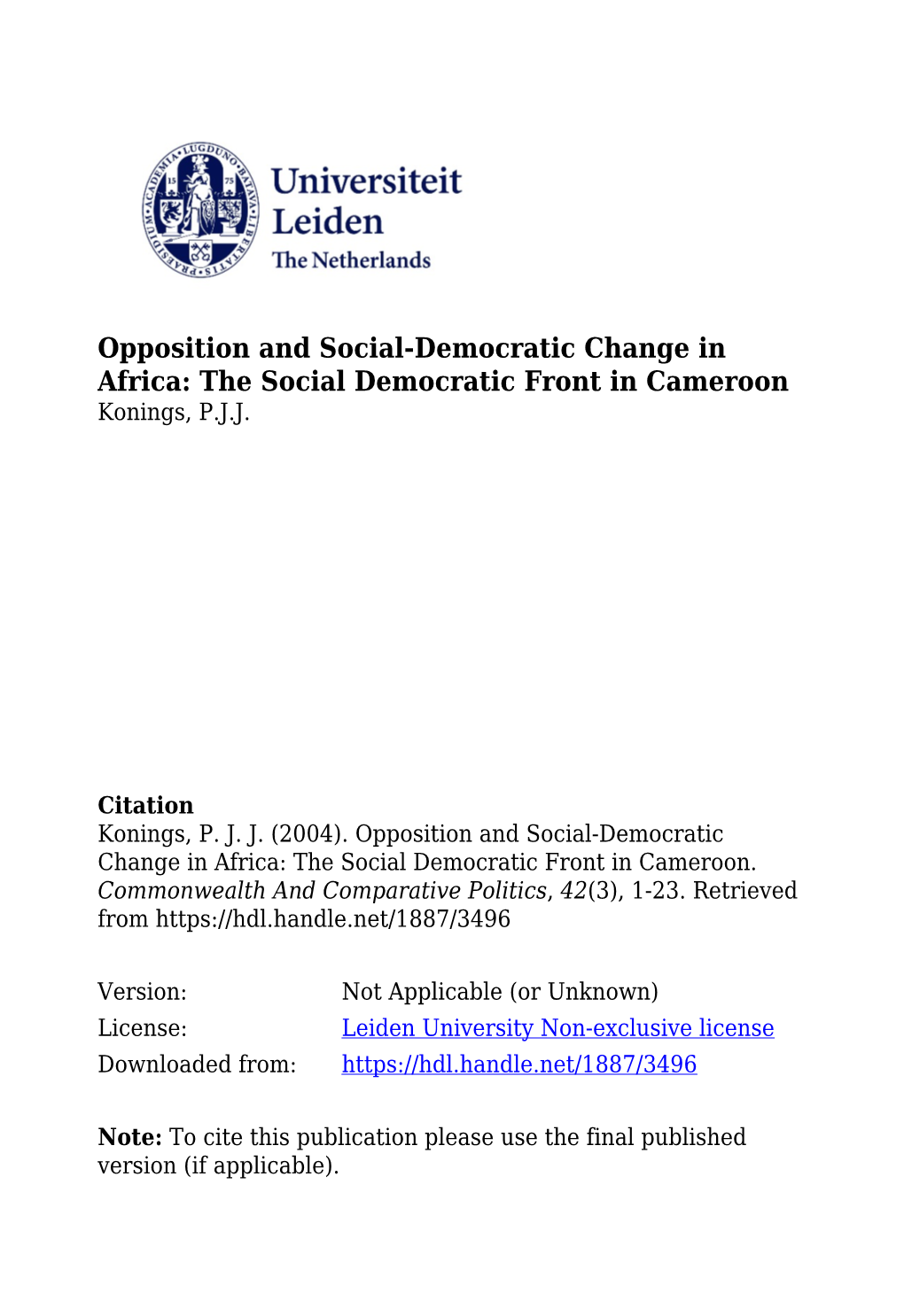 The Social Democratic Front in Cameroon Konings, P.J.J