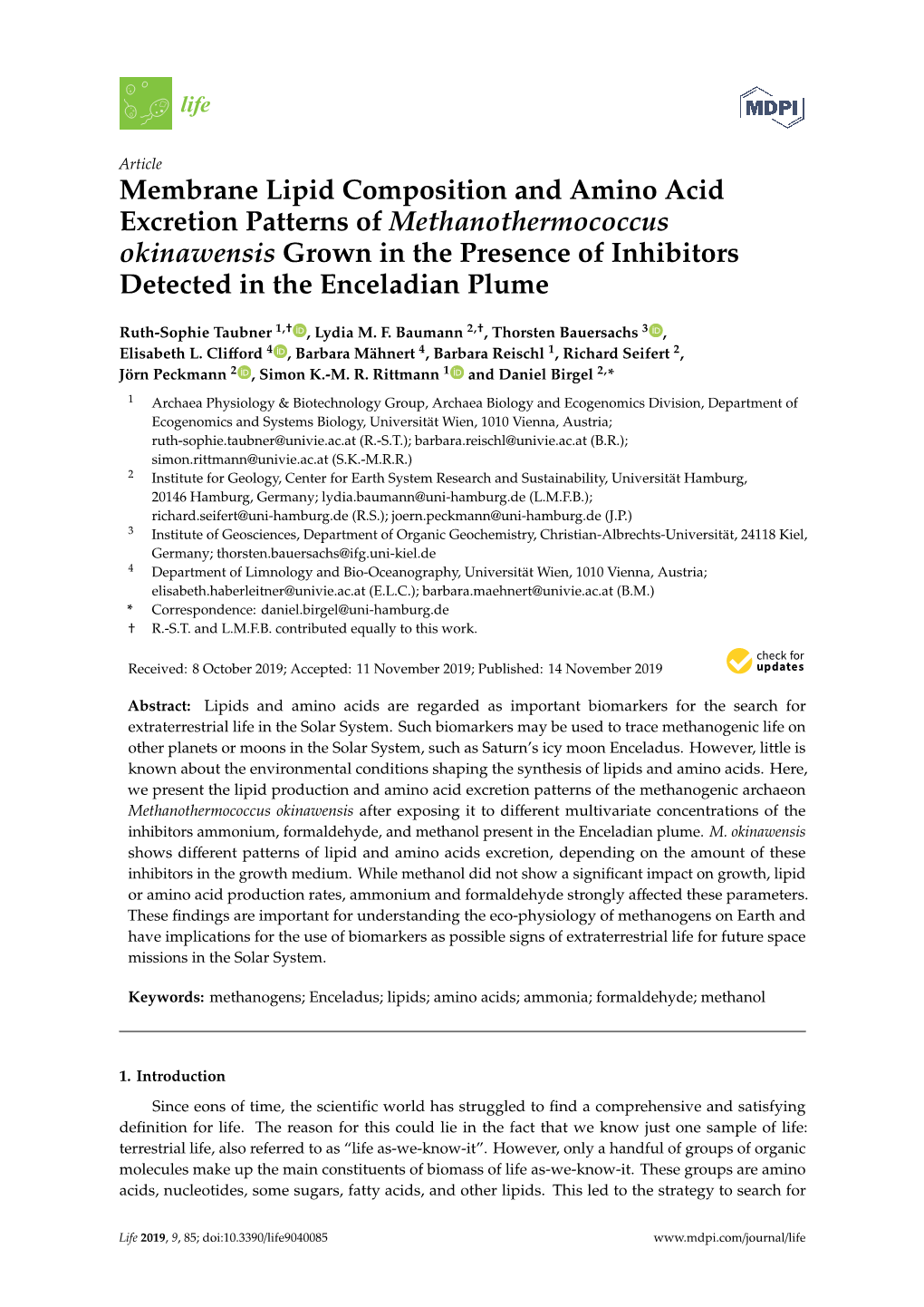 Membrane Lipid Composition and Amino Acid Excretion Patterns of Methanothermococcus Okinawensis Grown in the Presence of Inhibitors Detected in the Enceladian Plume