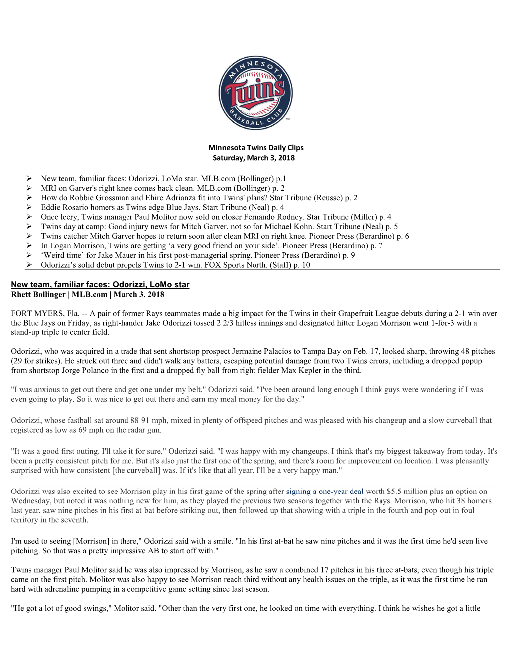 Minnesota Twins Daily Clips Saturday, March 3, 2018 New Team