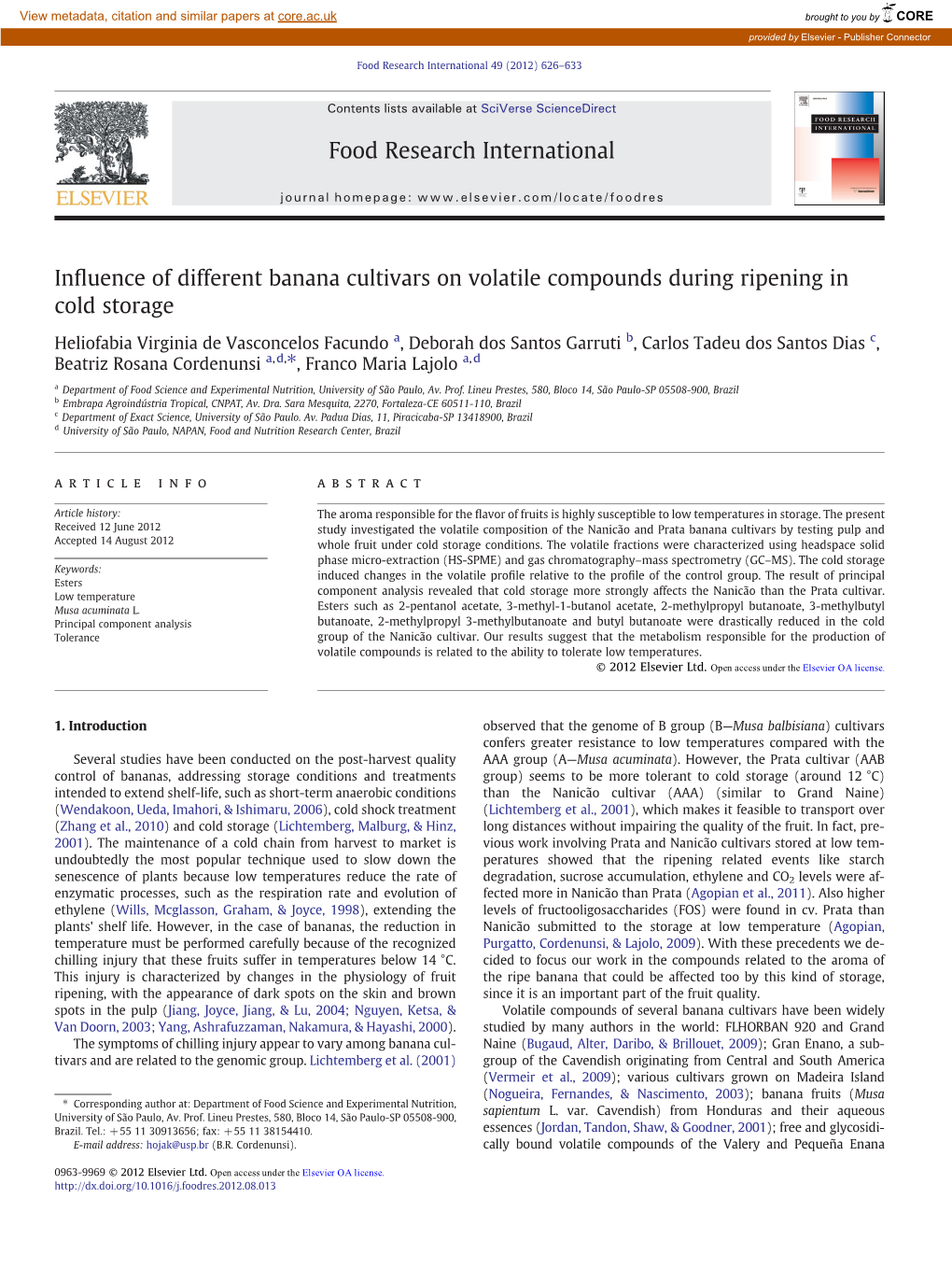 Influence of Different Banana Cultivars on Volatile Compounds During Ripening in Cold Storage