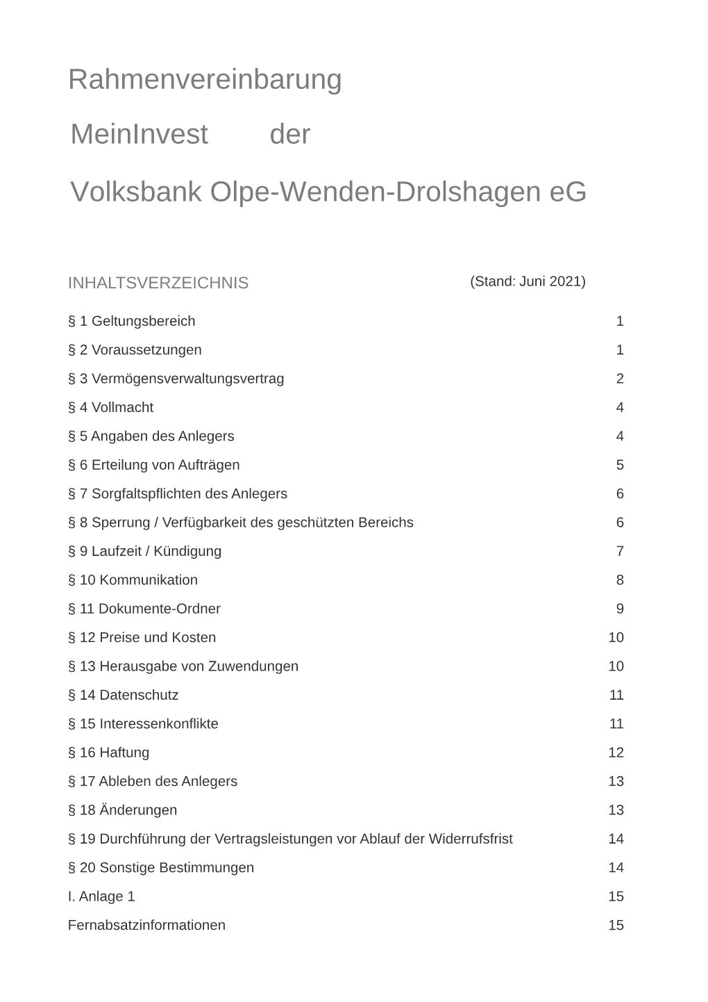 Rahmenvereinbarung Der Volksbank Olpe-Wenden-Drolshagen Eg