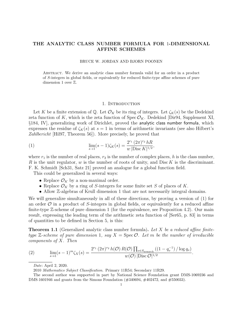 The Analytic Class Number Formula for 1-Dimensional Affine Schemes