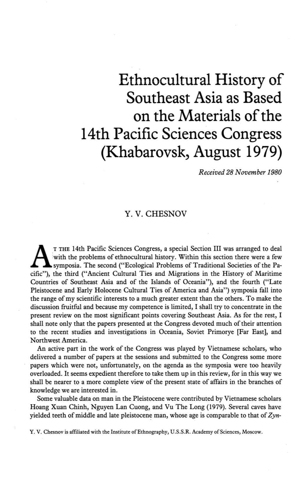 Ethnocultural History of Southeast Asia As Based on the Materials of the 14Th Pacific Sciences Congress (Khabarovsk, August 1979)