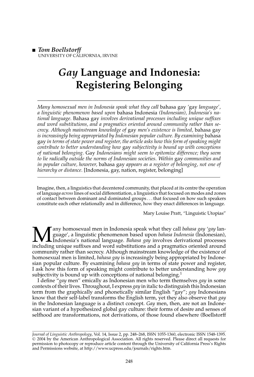 Gay Language and Indonesia: Registering Belonging