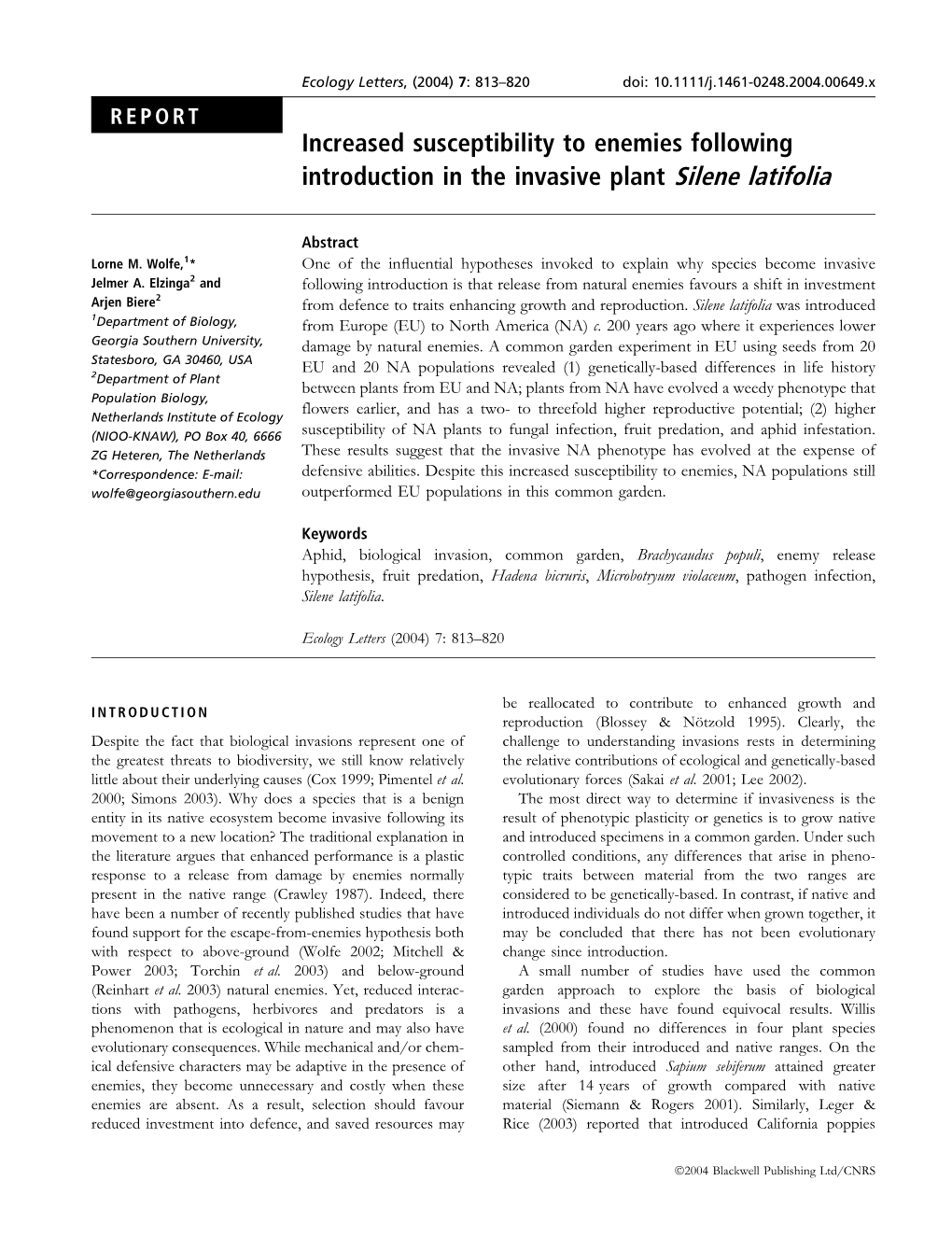 Increased Susceptibility to Enemies Following Introduction in the Invasive Plant Silene Latifolia