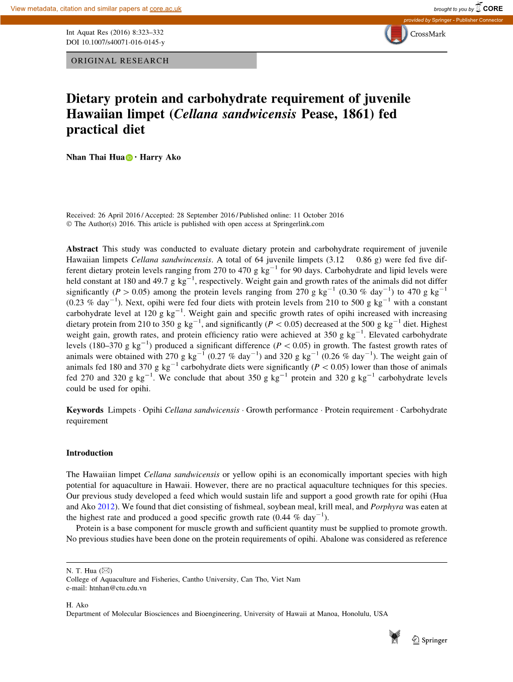 Dietary Protein and Carbohydrate Requirement of Juvenile Hawaiian Limpet (Cellana Sandwicensis Pease, 1861) Fed Practical Diet