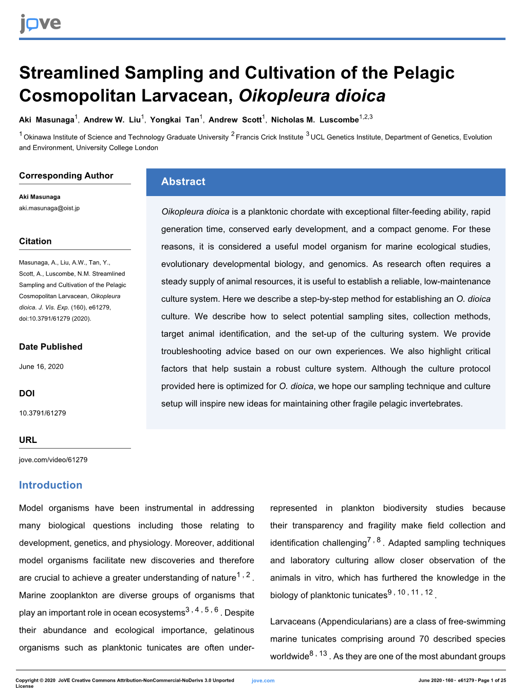 Streamlined Sampling and Cultivation of the Pelagic Cosmopolitan Larvacean, Oikopleura Dioica