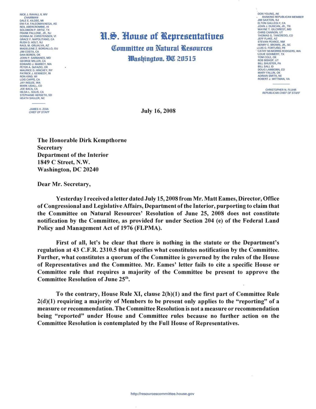 Letter Dated July 16 by Congressman Rahall