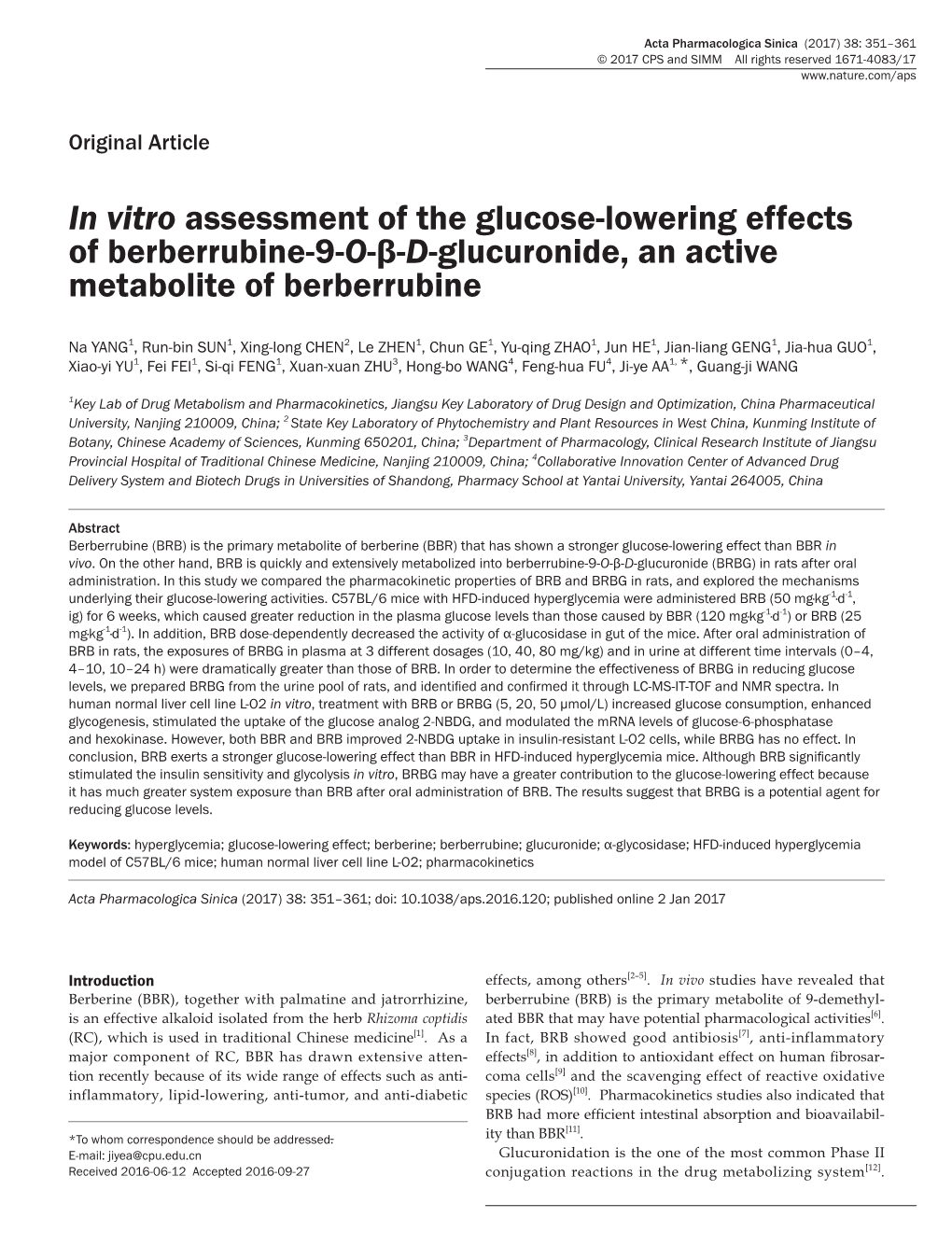 In Vitro Assessment of the Glucose-Lowering Effects of Berberrubine-9-O-Β-D-Glucuronide, an Active Metabolite of Berberrubine
