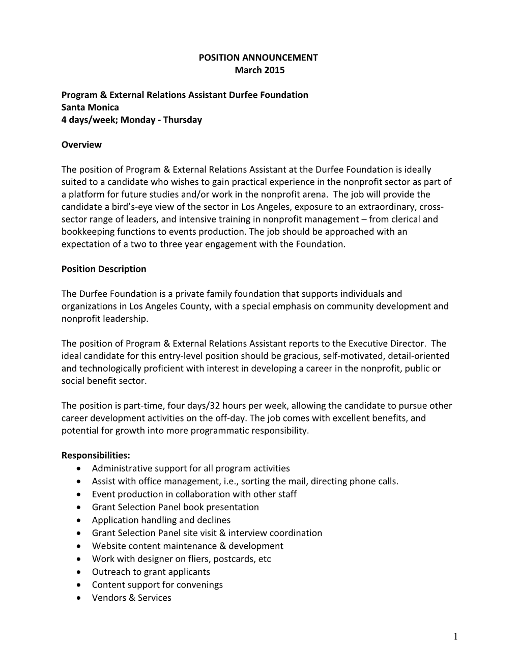 Program & External Relations Assistant Durfee Foundation