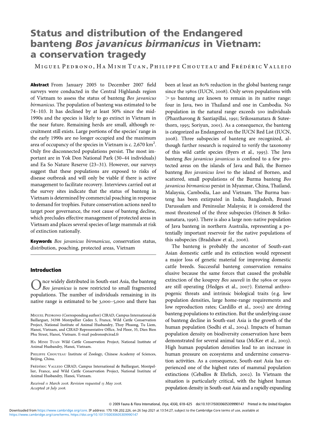 Status and Distribution of the Endangered Banteng Bos Javanicus Birmanicus in Vietnam: a Conservation Tragedy