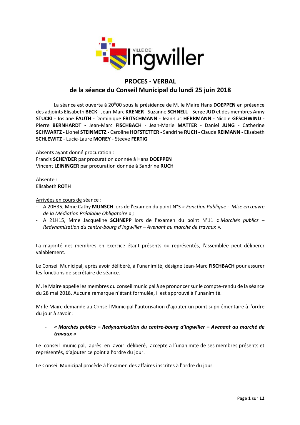 PROCES - VERBAL De La Séance Du Conseil Municipal Du Lundi 25 Juin 2018