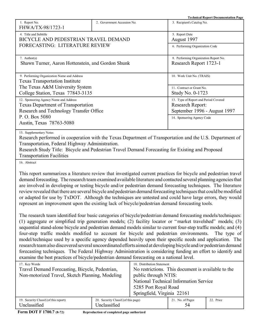 Bicycle and Pedestrian Travel Demand Forecasting: Literature Review