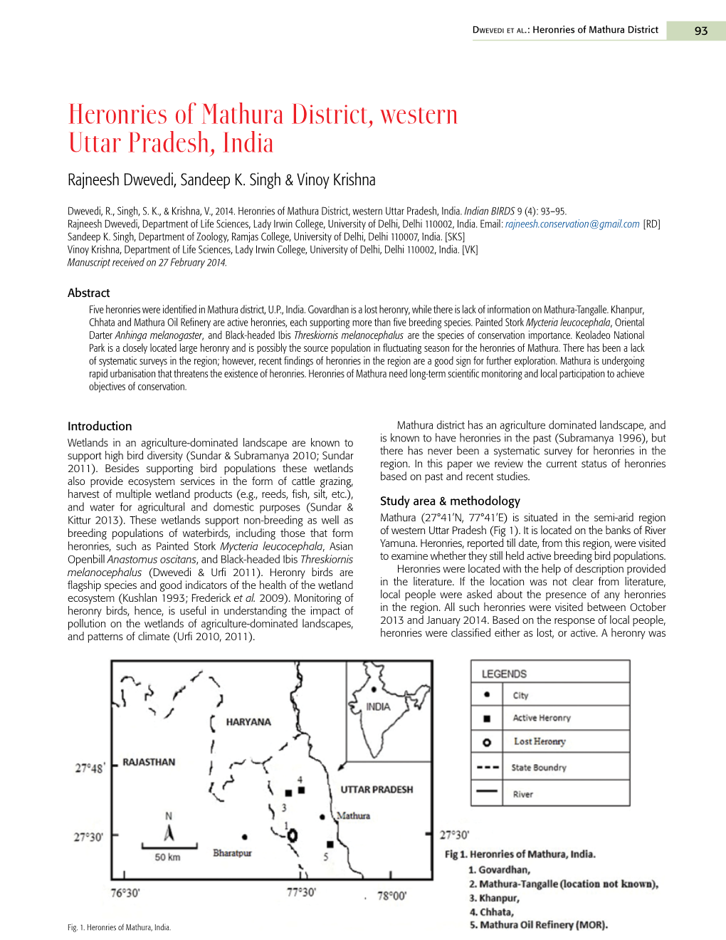 Heronries of Mathura District, Western Uttar Pradesh, India Rajneesh Dwevedi, Sandeep K