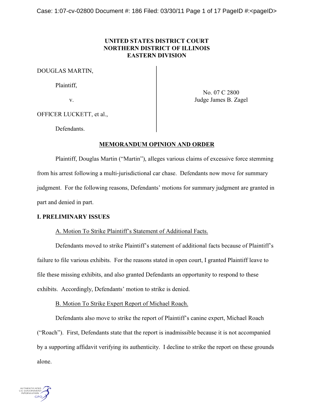 1:07-Cv-02800 Document #: 186 Filed: 03/30/11 Page 1 of 17 Pageid