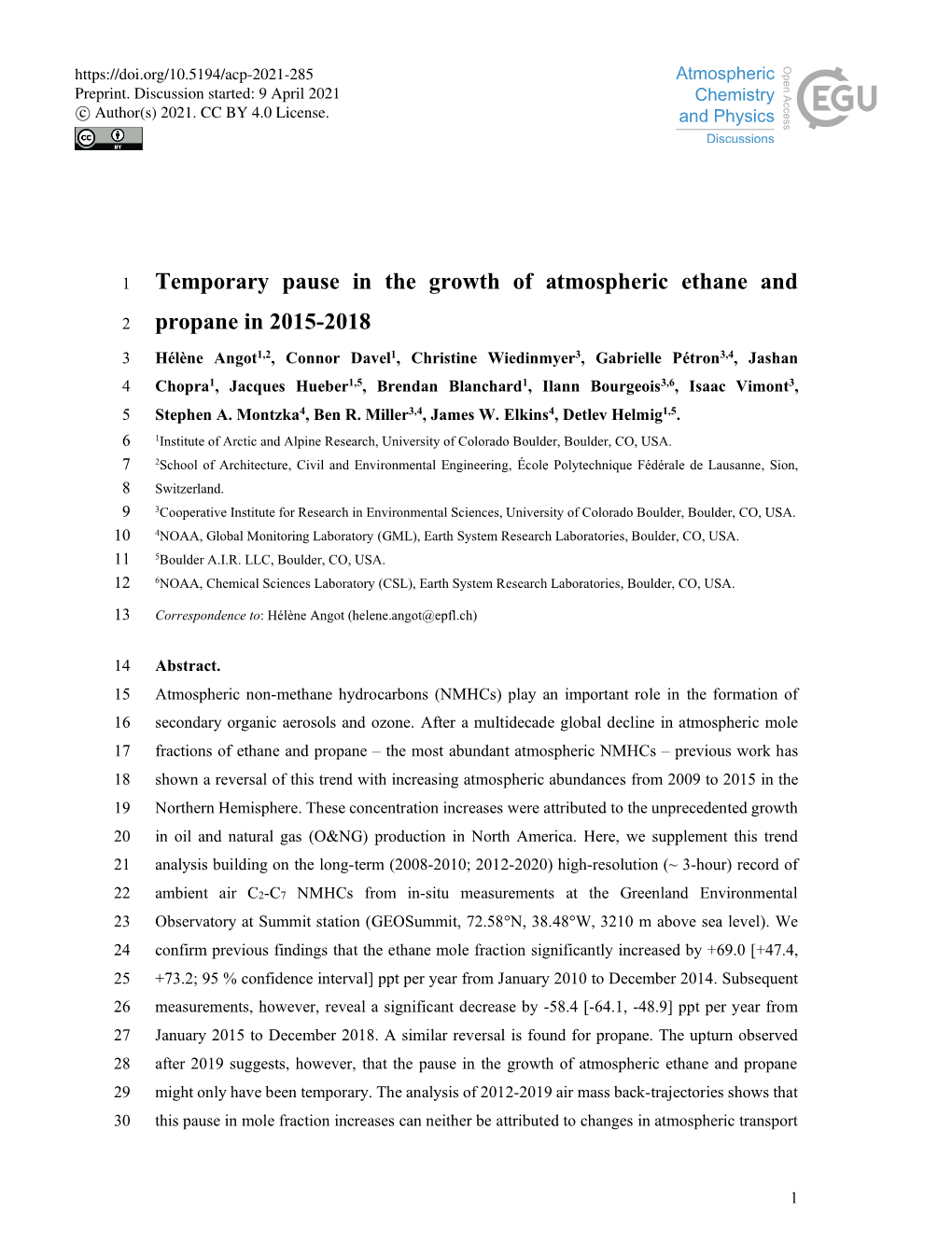 Temporary Pause in the Growth of Atmospheric Ethane and Propane in 2015-2018