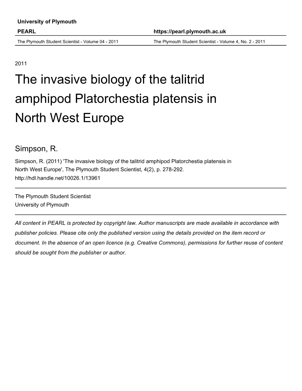 The Invasive Biology of the Talitrid Amphipod Platorchestia Platensis in North West Europe