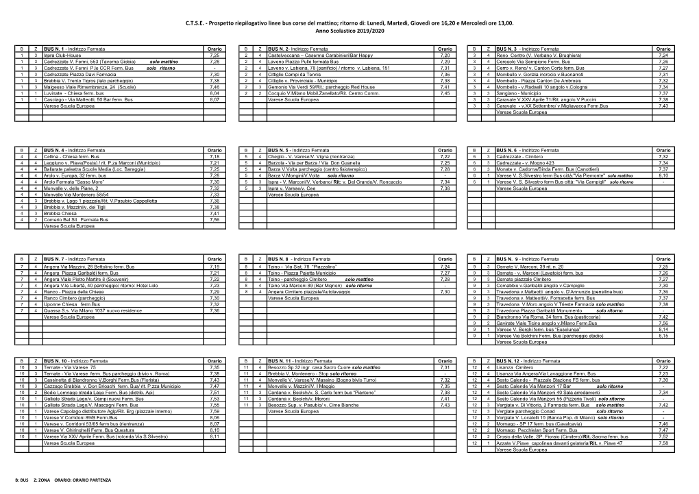 Prospetto Riepilogativo Linee Bus Corse Del Mattino; Ritorno Di: Lunedì, Martedì, Giovedì Ore 16,20 E Mercoledì Ore 13,00