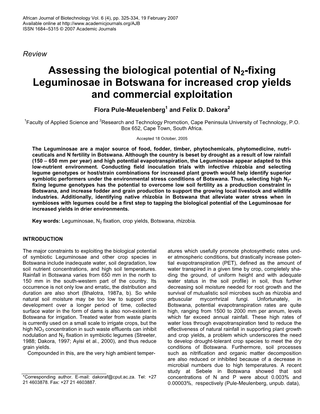 Assessing the Biological Potential of N2-Fixing Leguminosae in Botswana for Increased Crop Yields and Commercial Exploitation