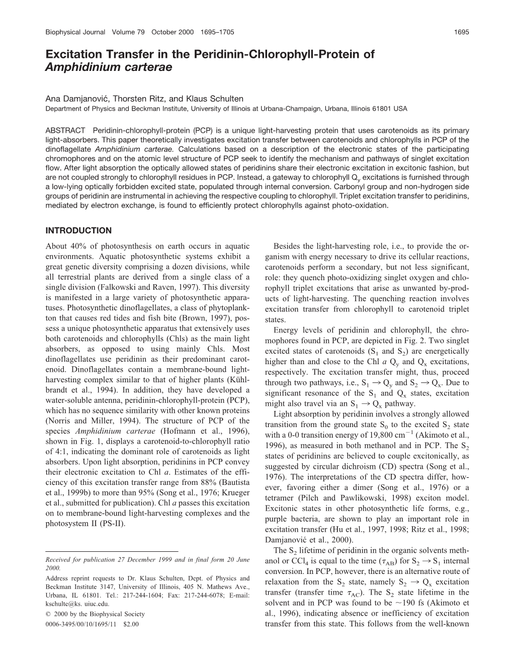 Excitation Transfer in the Peridinin-Chlorophyll-Protein of Amphidinium Carterae