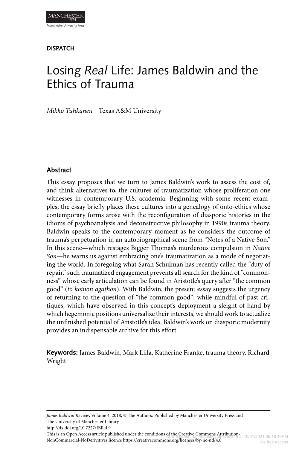 Losing Real Life: James Baldwin and the Ethics of Trauma